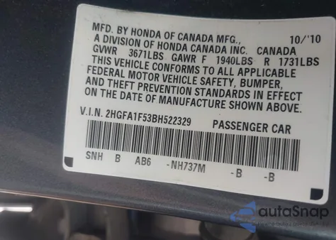 2011 Honda Civic Lx from USA, damaged, VIN 2HGFA1F53BH522329